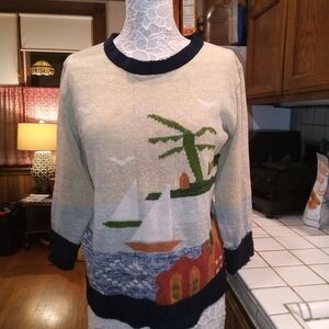 Women'sVintage CollegeMan Coastal Scene Knit Sweater with Navy Trim, Rare Find.